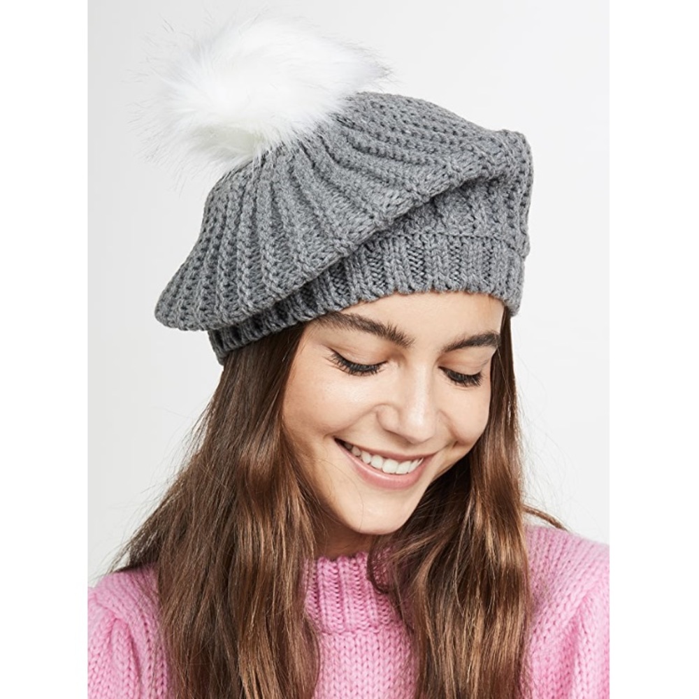 Hat Attack Apres Ribbed Knit Beret with White Pom